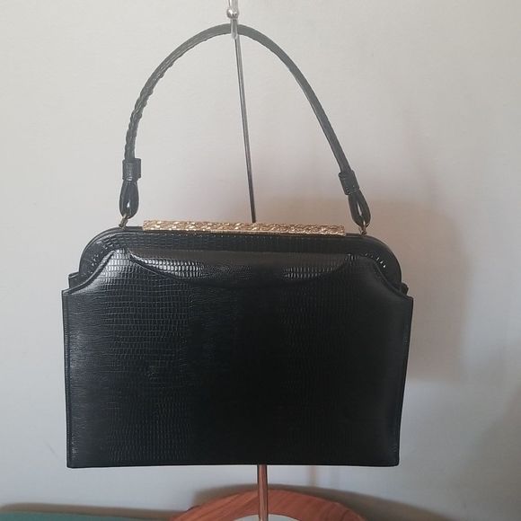 Classy USA Croc Embossed Black Leather Handbag W/Goldplated Snap - Picture 1 of 12